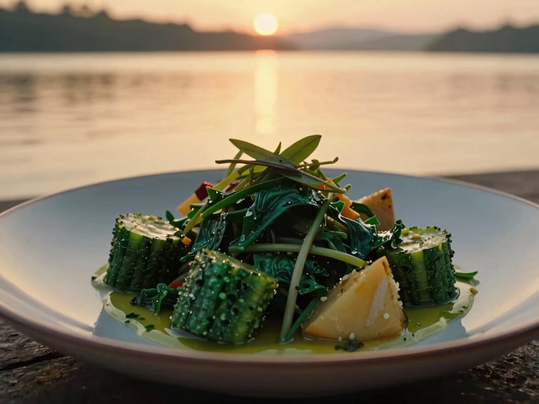 An artfully plated vegetarian dinner dish, vibrant colors, close-up, warm-lit photography, deep emerald and gold tones.