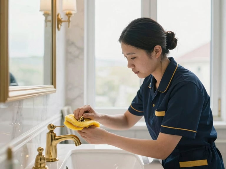 A professional cleaning specialist in a neat uniform carefully polishing a brass bathroom fixture, bright natural window daylight, pristine marble background, 35mm