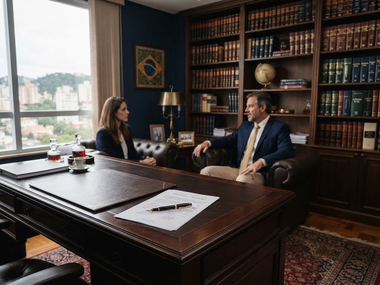 Environmental medium shot of a sophisticated law office interior in Porto Alegre, leather-bound books on dark wood shelving, a gold pen resting on a signed contract document, soft low-contrast daylight filtering through a window, elegant professional atmosphere, 50mm