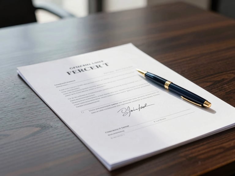 Close-up of signed commercial lease agreement documents on a dark walnut desk, elegant pen, soft morning daylight, professional law office setting
