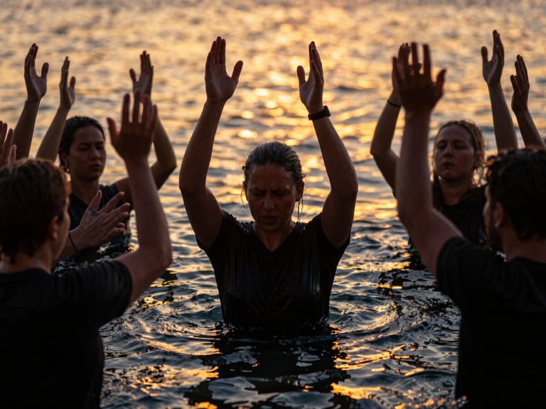 Dramatic outdoor baptism service at dusk with hands raised in worship, warm golden firelight reflections on water, 35mm
