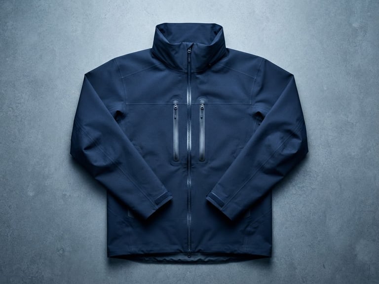 Lay-flat of a Zyntek technical performance jacket, deep navy, precise folds, sharp studio lighting with blue undertones, high contrast, ultra-sharp focus, minimalist background.