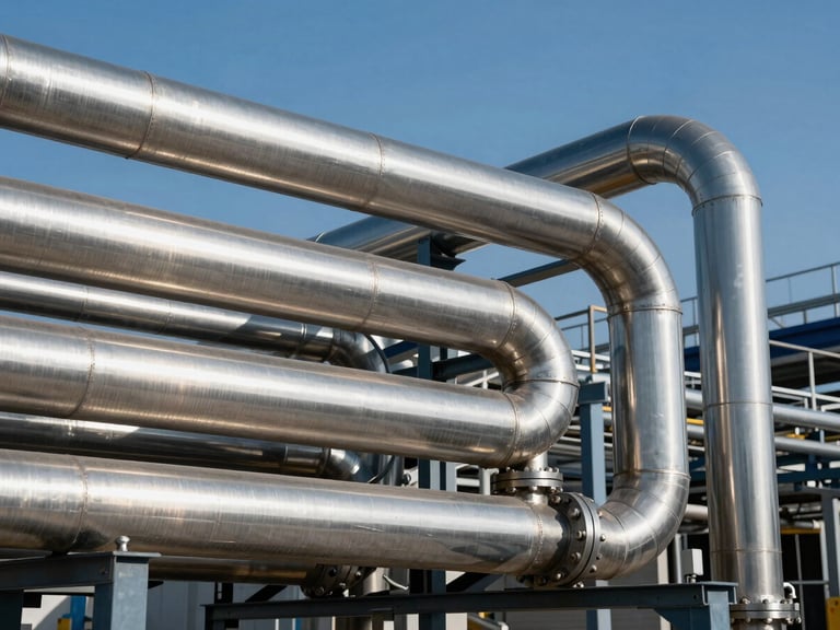 Clean stainless-steel air piping layout in a modern industrial plant, sharp focus, cool silver tones, crisp daylight.
