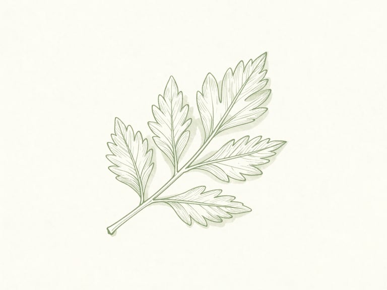 Botanical line art illustration of a single, delicate leaf in sage green, against a clean off-white canvas, soft and elegant.