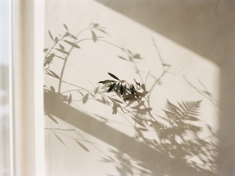 Minimalist abstract photography of soft organic shapes and botanical shadows, muted earth tones, elegant, 35mm, evoking calm and serenity.