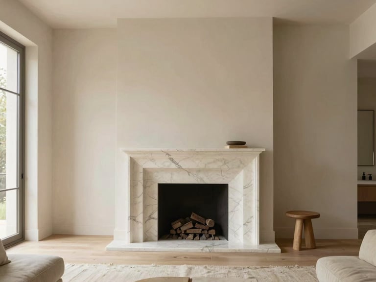 Wide architectural elevation of a warm minimalist living room, honest materials, veined marble fireplace, raw linen textures, soft daylight, premium editorial photography