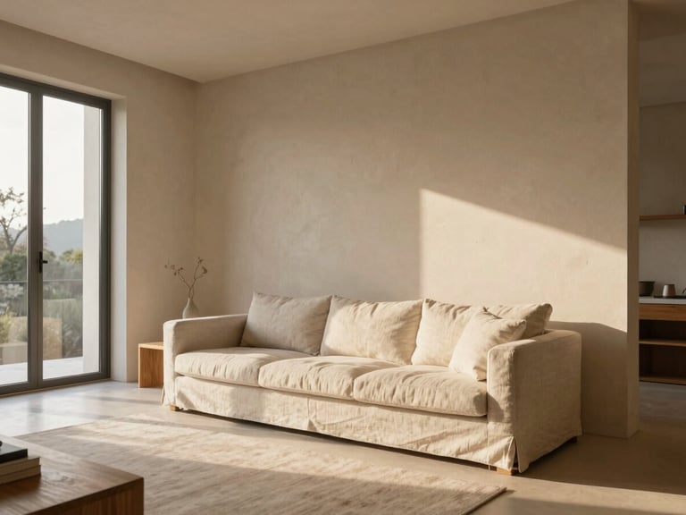 Wide architectural elevation of a sun-drenched minimalist living room, raw plaster walls, neutral linen sofa, oak details, soft golden hour light