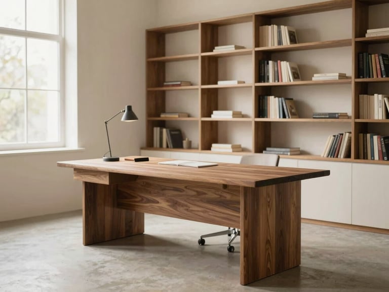 Architectural home office with a floating walnut desk, built-in bookshelves, concrete floor, soft north daylight