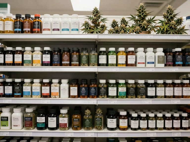 Straight-on photograph of a well-organized cannabis dispensary display shelf, products arranged in neat rows with clear labels visible, bright even lighting, no people, clean institutional retail environment