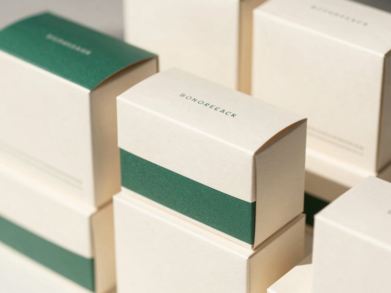Close-up editorial photography of neatly stacked household product packaging, crisp off-white boxes with clean typography, bright natural daylight, soft shadows