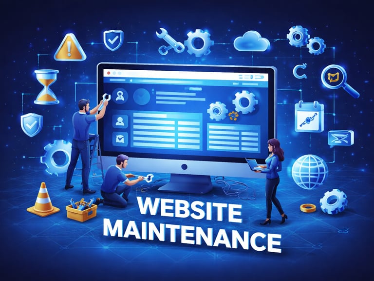 Professional website maintenance services illustration showing developers fixing a monitor with digital icons.