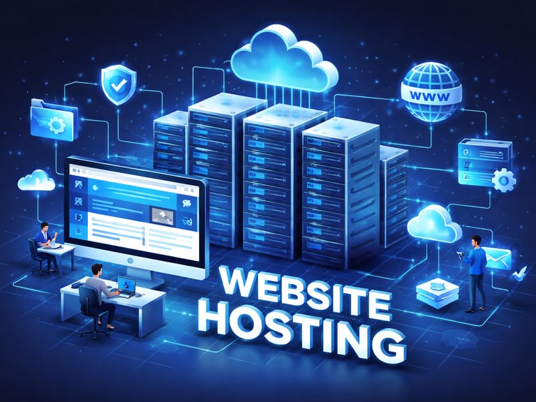 Digital cloud computing and website hosting servers with people working at computers and data icons.