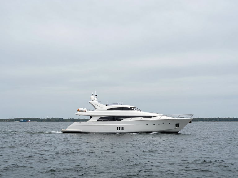Wide environmental shot of a ninety-foot flybridge motor yacht underway on Narragansett Bay, overcast silver-grey maritime day, low horizon, negative space in sky