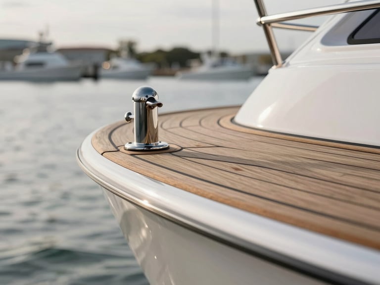 An extreme close-up of immaculate teak decking and polished stainless steel hardware on a yacht stern, soft overcast morning light, Newport harbor in the soft-focus background.