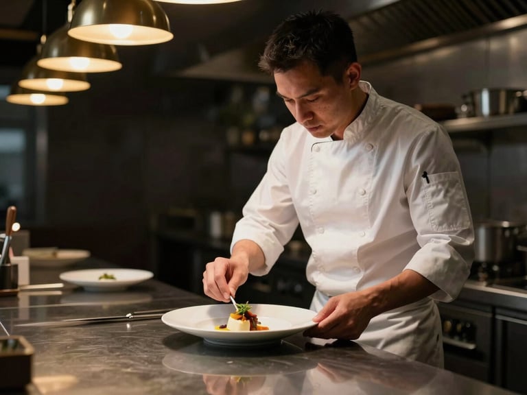 A professional chef in crisp whites plating a delicate dish in a modern restaurant kitchen, warm ambient pendant lighting, shallow depth of field
