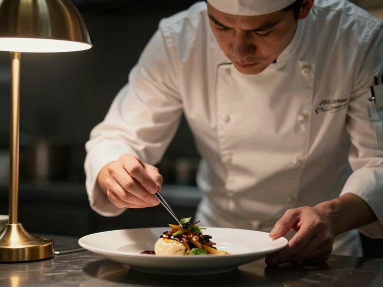 Medium close-up of a professional chef in clean whites garnishing a modern dish under warm pendant lighting, shallow depth of field, moody editorial style