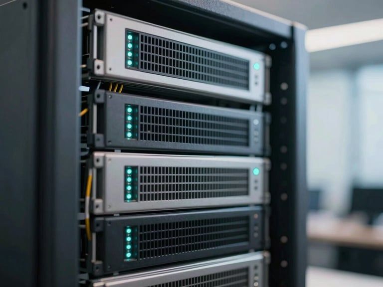 Macro close-up of high-end server rack with precise teal indicator lights, clean structured data lines, cool diffused office daylight, shallow depth of field