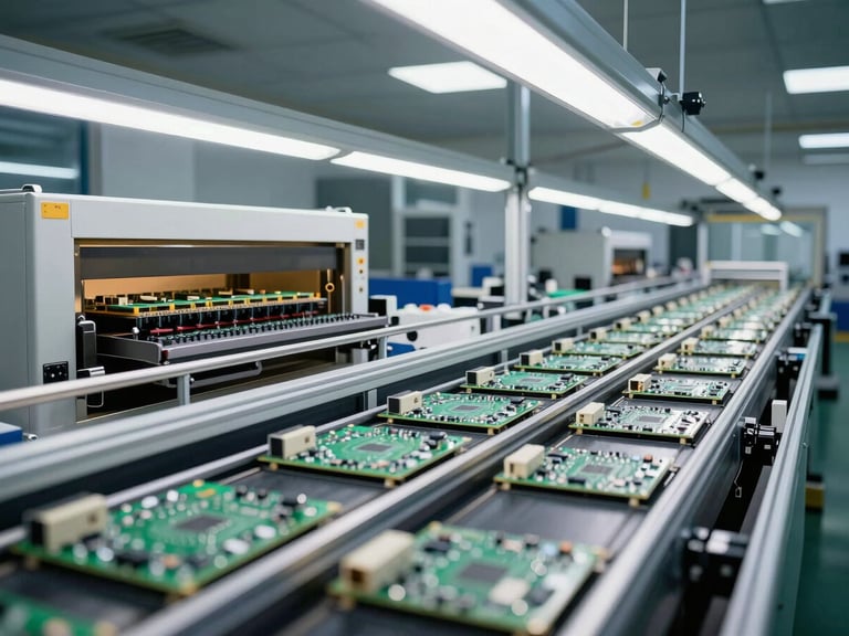 Wide shot of a PCB SMT production line, reflow oven visible at the far end, circuit boards on conveyors under harsh white overhead lighting, no workers present