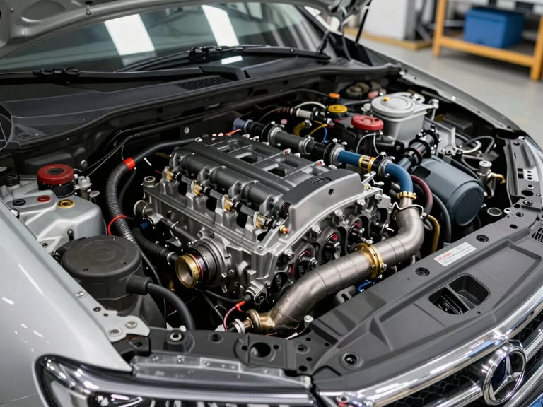 Wide environmental shot of a Changan GDI engine bay with LPG conversion kit installed — reducer mounted on firewall, injector rail visible alongside original GDI rail, bright workshop overhead lighting, medium installation documentation framing