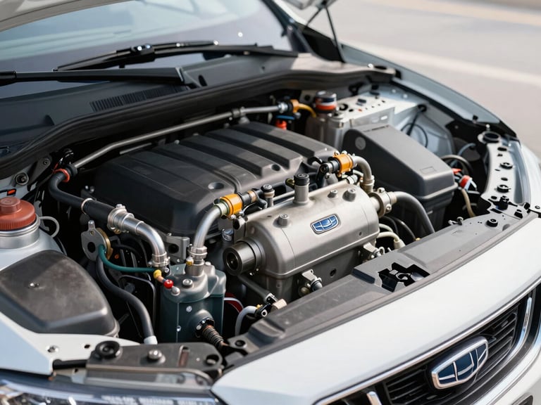 Medium shot of an engine bay on a Geely Emgrand with an LPG injector rail and reducer clearly mounted, shot under bright white north-facing daylight, components in sharp focus against the engine block