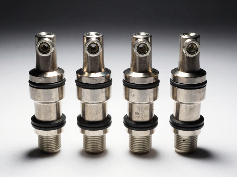 Close-up macro photograph of four LPG gas injectors arranged in a row on a white studio surface, polished metal bodies with rubber O-ring seals visible, bright strobe lighting from above casting sharp shadows, precision components fill the frame