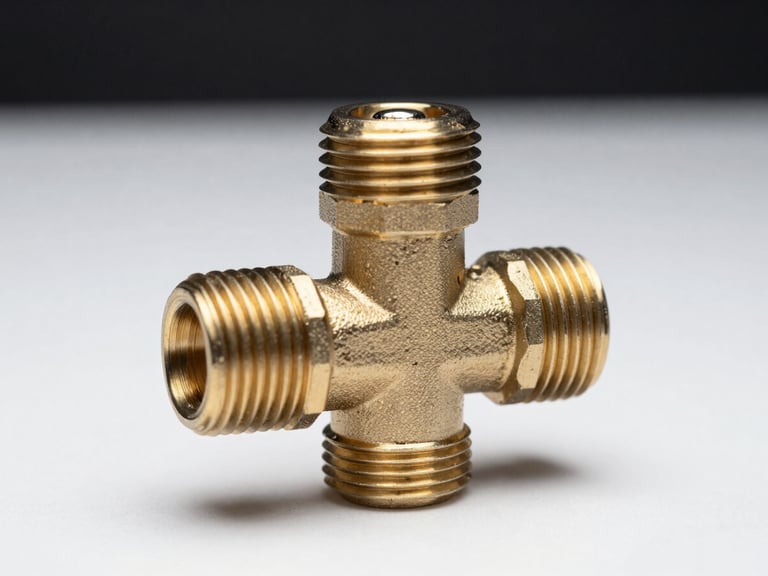 Tight macro studio shot of a CNG LPG gas reducer valve, machined brass body with threaded fittings, against a clean white surface under bright overhead strobe lighting, component centre-frame with fine thread detail visible