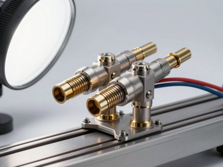 Tight shot of two LPG injectors mounted on a calibration test rail, wiring harness attached, bright white studio strobe light raking across the injector bodies to show surface detail