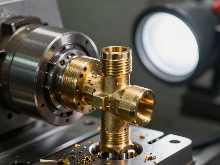 Close macro shot of a CNC lathe cutting a brass valve body, metal shavings visible, bright studio strobe lighting highlighting the machined threading detail