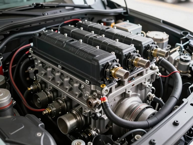 Medium documentation shot of a Chery ACTECO engine with LPG injector rail mounted above intake manifold, ECU wiring harness routed neatly alongside factory loom, bright north-facing workshop daylight, no technician visible — component focus only