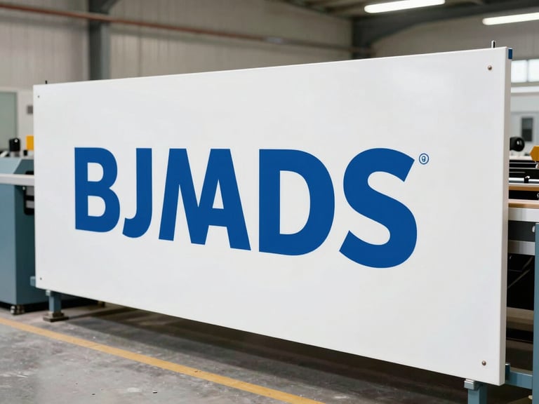 Medium-wide shot of a large-format sign being produced in a workshop, showing industrial machinery and clean lighting, crisp details