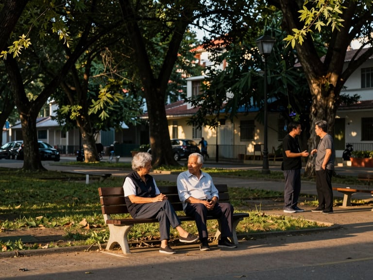 Wide environmental shot of two older adults seated on a bench in a shaded neighborhood parque, golden hour light filtering through trees, a third person standing nearby in easy conversation, real street scene
