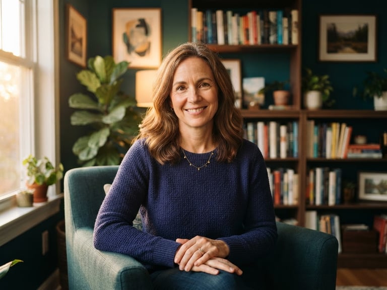 Dignified portrait of a compassionate female therapist, mid-40s, with warm, gentle expression, in a soft, sunlit home office environment, rich peacock teal and indigo tones, 35mm, warm editorial photography, soft golden-hour window light.