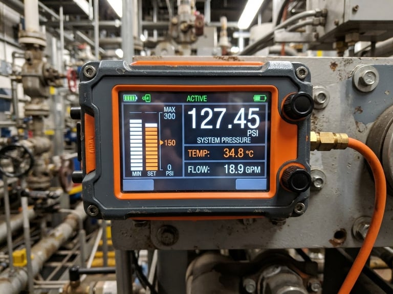 Close-up of a digital manometer screen showing precise pressure readings, technical interface, slate and orange tones, industrial focus