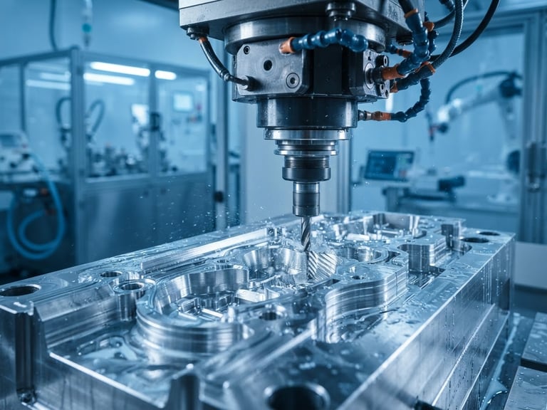 Macro close-up of a high-precision multi-axis CNC machine carving a steel automotive mold, cool cyber-blue backlighting, clinical cleanroom environment, ultra-sharp detail