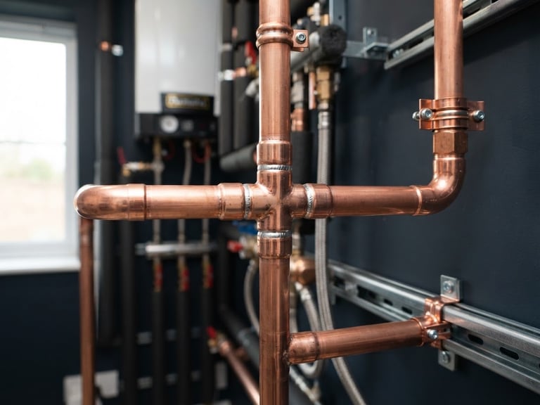 Close-up of pristine copper piping joints with perfect solder lines inside a modern utility room, sharp focus, architectural lighting