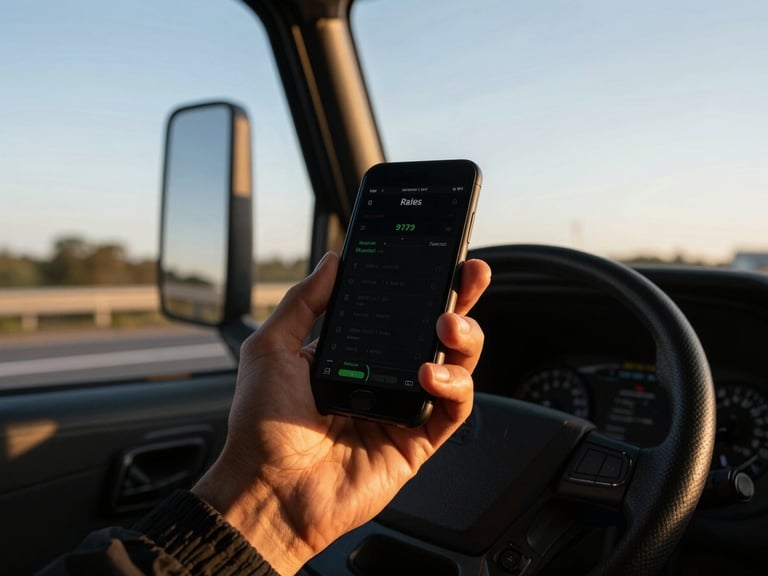 Close-up of a truck driver's hand holding a phone, negotiating rates, with a dashboard in the background, warm cab light, high contrast industrial tones, 35mm lens