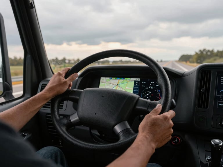 Overhead shot of a truck driver's hands on a large steering wheel, looking at a digital map on a tablet, overcast daylight, high contrast industrial tones, 35mm lens