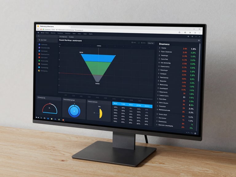 Wide overhead shot of a large monitor displaying a live multi-channel marketing attribution dashboard with conversion funnel data, channel contribution percentages and revenue figures clearly visible on a dark UI, studio lighting from above, clean desk surface, no people