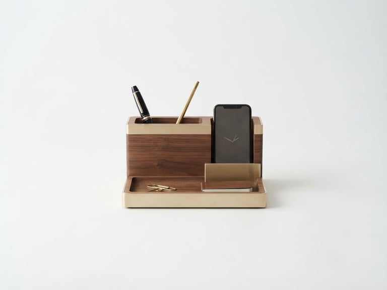 Premium product photography of a single sleek desk organizer on a clean white background, soft diffused studio light, subtle warm gold undertones, sharp 50mm lens, ample negative space.