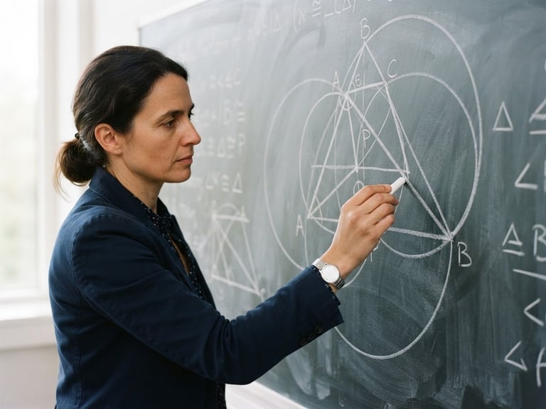 A close-up of a teacher drawing a precise geometric proof on a large slate whiteboard, bright natural daylight, structured composition, sharp focus, 35mm