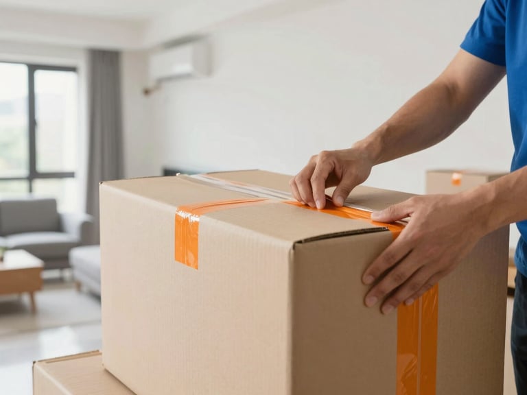 Close-up of hands securing heavy-duty moving boxes with clear orange tape, pristine apartment interior in the background, bright natural daylight.