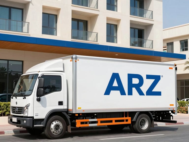 A clean, white ARZ Movers transport truck parked outside a modern Dubai apartment building, organized and ready for loading under bright daylight.