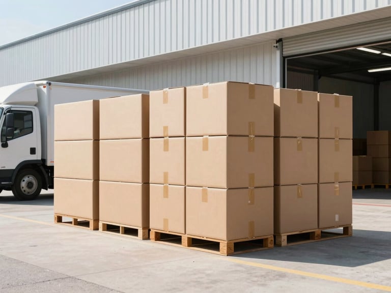 Bright high-key retail photography, clean natural daylight, a modern warehouse loading bay with neatly stacked cardboard boxes and a delivery truck, sharp focus