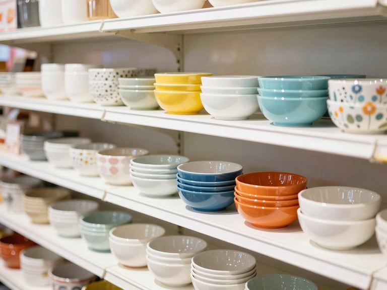 Bright high-key retail photography of a modern, organized retail shelf with curated home goods and accessories, natural daylight, crisp shadows, 35mm