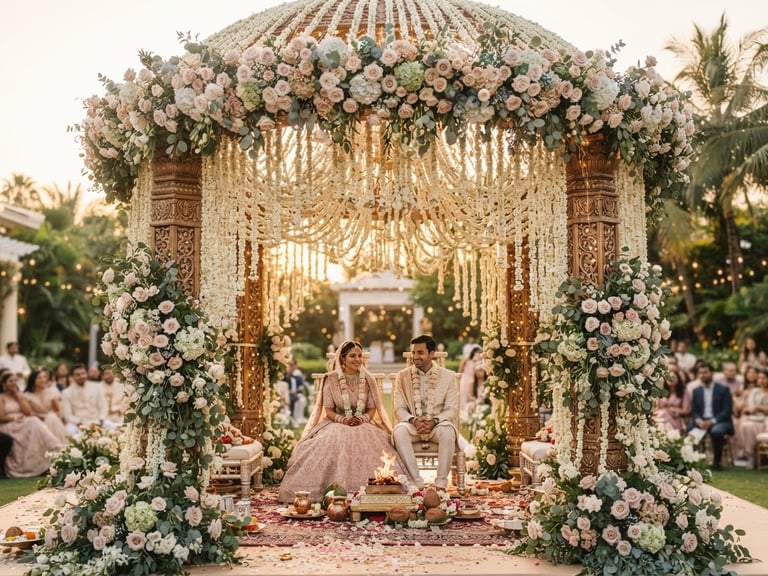 Wide-angle warm editorial photography of a grand wedding mandap decorated with thousands of fresh white jasmine and blush roses, soft golden-hour lighting, shallow depth of field, 35mm