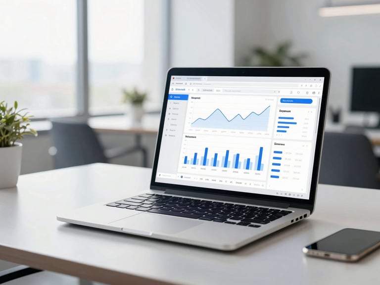 Clean corporate workspace with a modern laptop showing a sleek financial dashboard interface, bright natural daylight, 35mm
