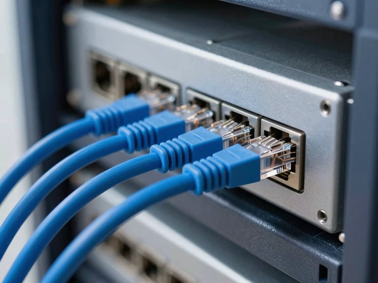 Close-up of organized blue network ethernet cables plugged into a clean server rack, soft ambient office light, sharp focus