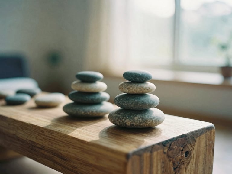 A quiet corner of a wellness room with smooth river stones stacked neatly on a natural wood block, soft-focus background, warm morning sun.