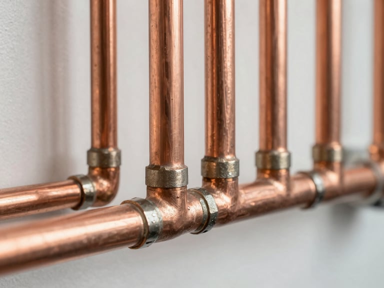 Crisp close-up of clean, neatly arranged copper plumbing pipework with perfect solder joints, illuminated by bright work-light against a clean wall background.