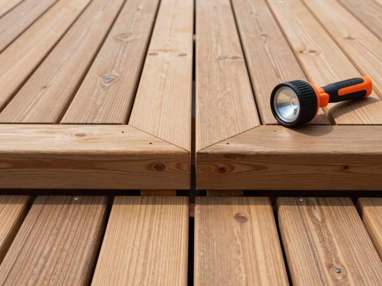 Straight-on architectural detail shot of a perfectly aligned timber decking joint, crisp natural daylight, clean work-light, safety orange marking tool resting nearby, highly organized workspace.